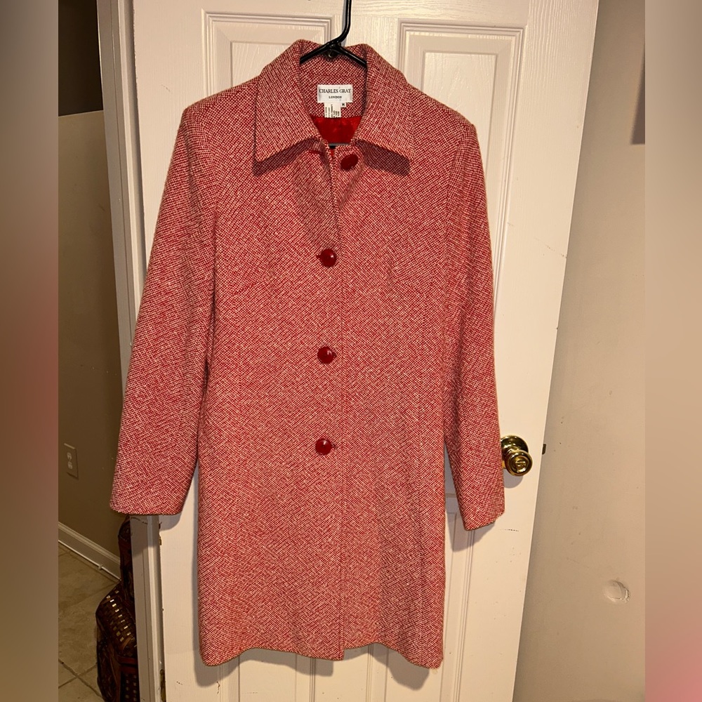 CHARLES GRAY London Brick Houndstooth Jackie Kennedy Red Wool Coat Medium